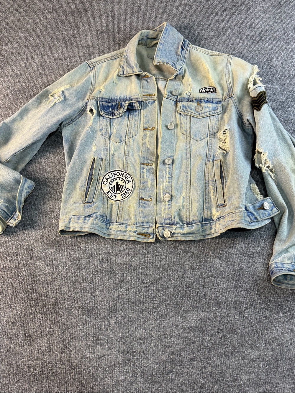 refuge Light Blue Distressed Denim Trucker Jacket with Patches